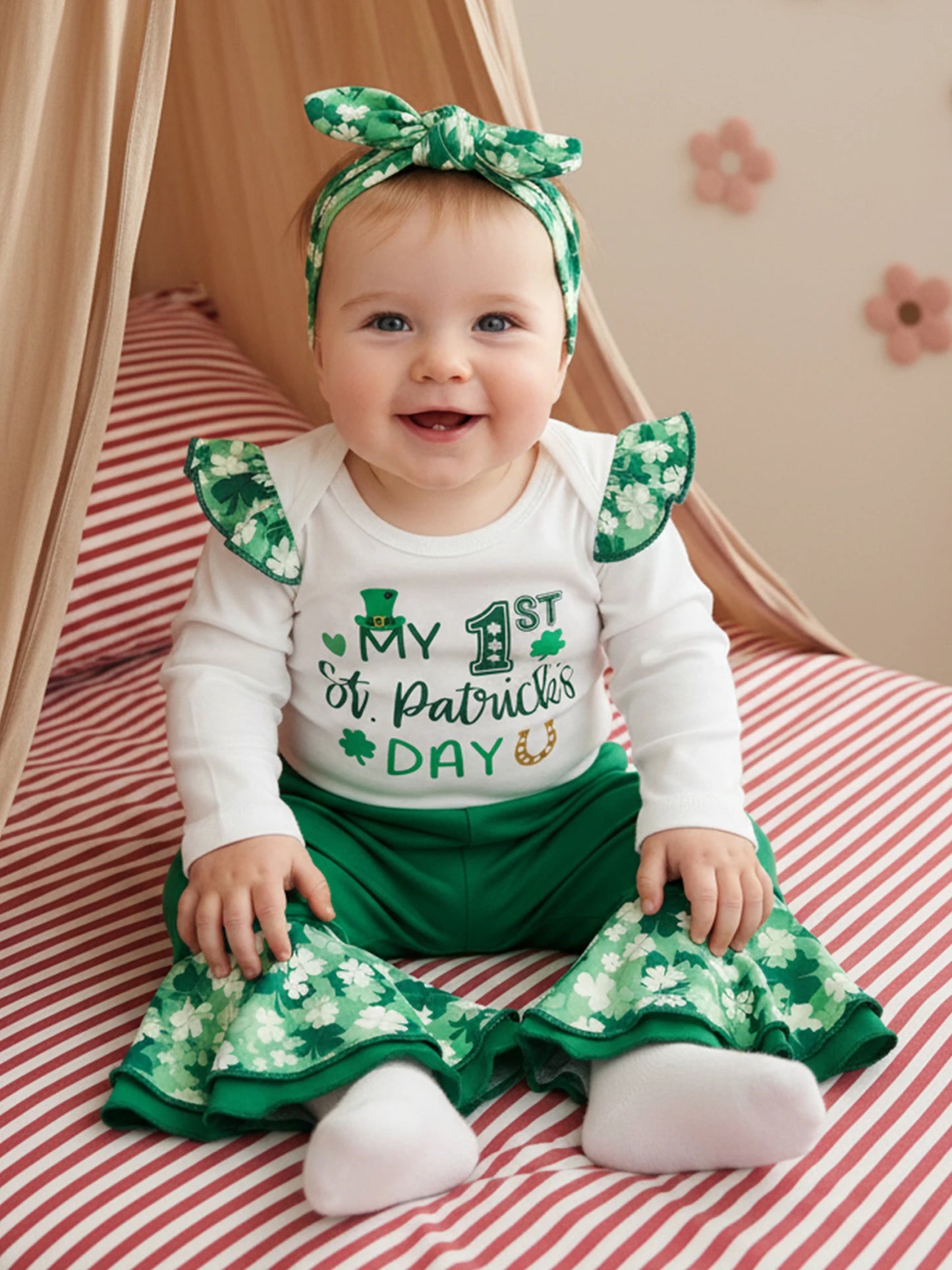 Baby Girls Boys Clover Print Outfit Set - Long Sleeve Romper with Flare Pants & Headband 0-18M