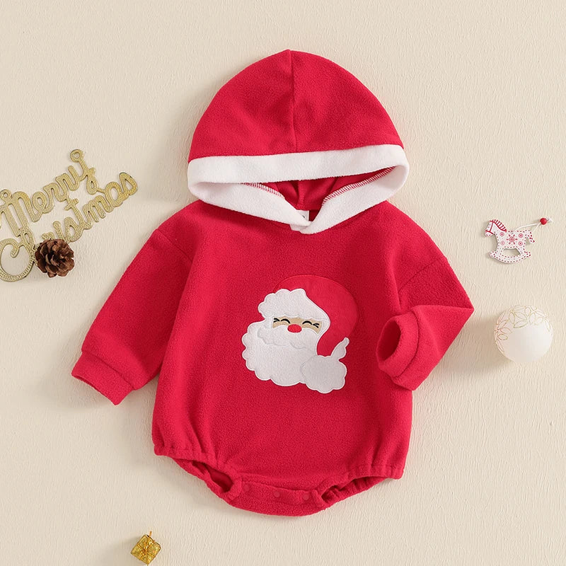 0-18M Baby Girls Boys Christmas Romper Santa Embroidery Long Sleeve Hooded Jumpsuits Newborn Playsuit