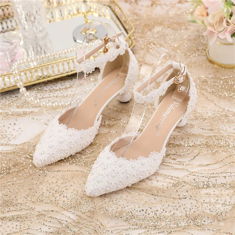 Women's 5cm Round Heel Shaped Heel Pearl Sandals