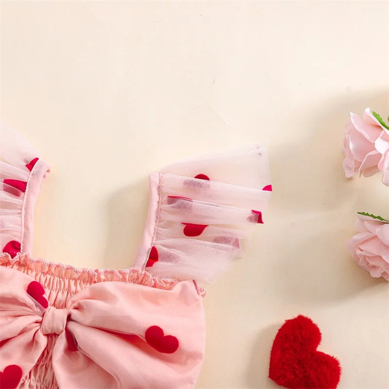 Little Girls' Princess Tulle Dress - Heart Print Ruffles 3D Bow Mesh Tutu