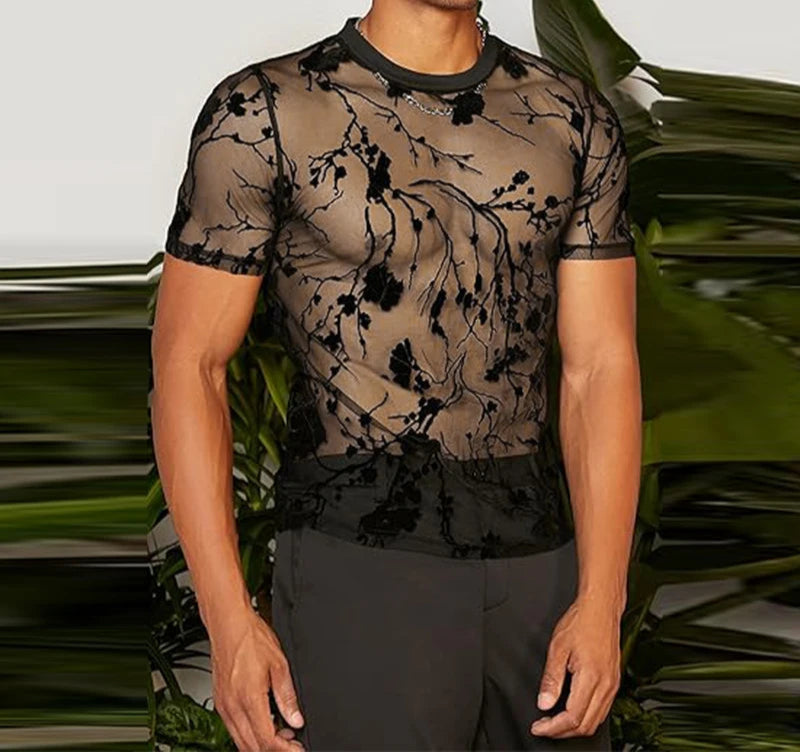 Men's Mesh Striped Round Neck Short Sleeve Transparent T-Shirt
