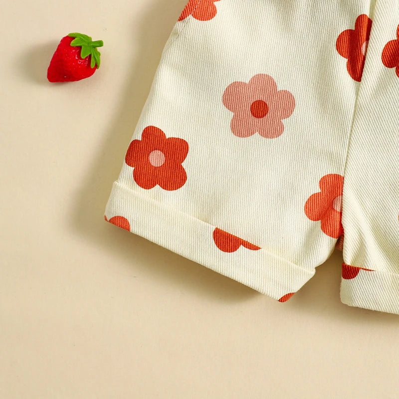 0-6Y Girls Denim Overalls Shorts Sleeveless Flower/Strawberry Print Strap Jeans Suspender Outfit