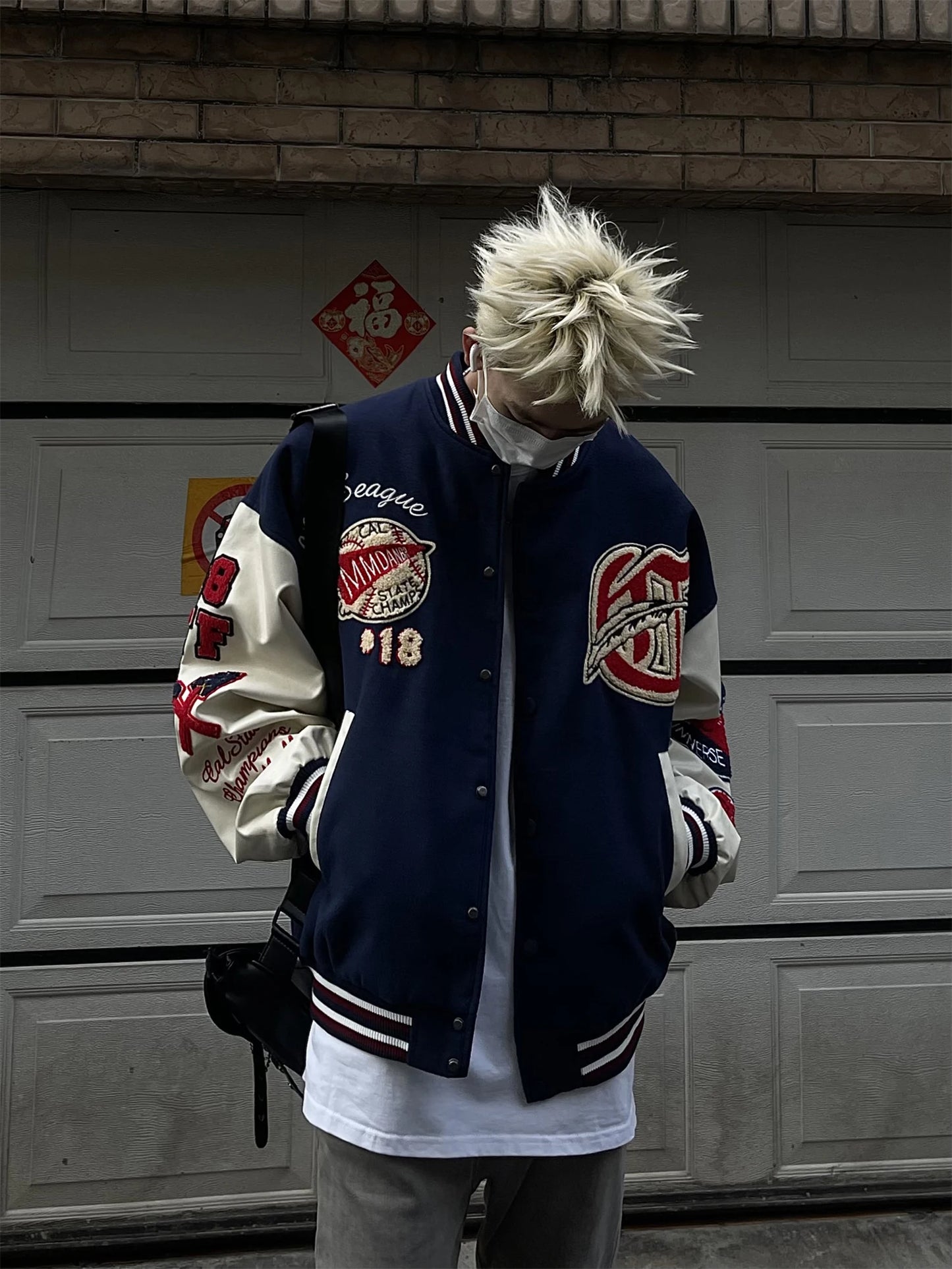 Men's Vintage Flocked Embroidery Patchwork Varsity PU Leather Sleeve Baseball Jacket
