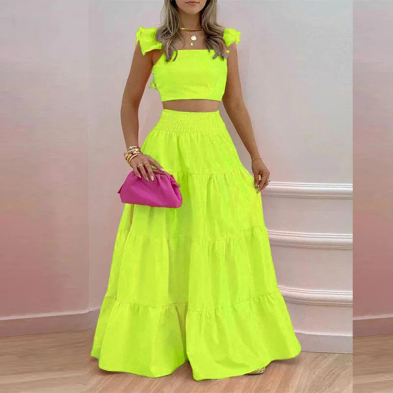 Women's Square Collar Flying Sleeve Ruched Crop Top & A-Line Ankle Skirt Set