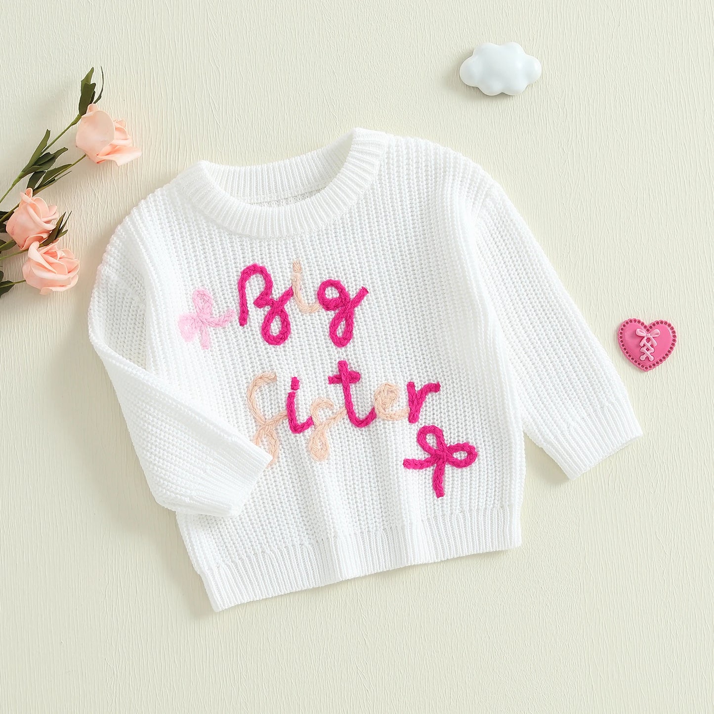 0-3Y Baby Girls Sister Sweater Letter Bowknot Embroidery Crew Neck Long Sleeve Kids Pullovers Casual Top