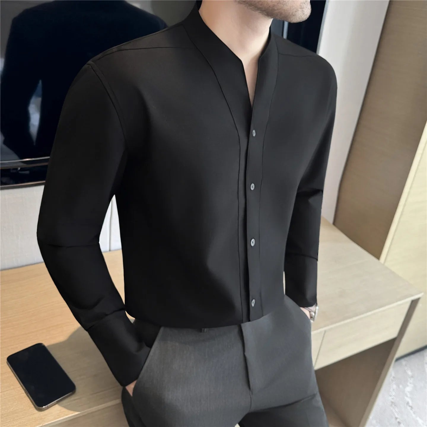Men's Collarless French Shirt - Long Sleeve Solid Colour Casual Business Blouse for Spring Autumn