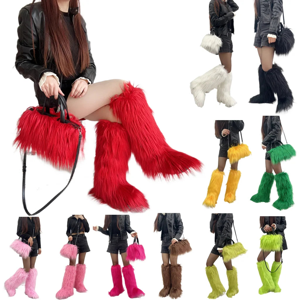 Winter Women Faux Fur Boots And Bag Set - Fluffy Warm Snow Boots Cute Tote Fur Handbag and Platform Plush Boots