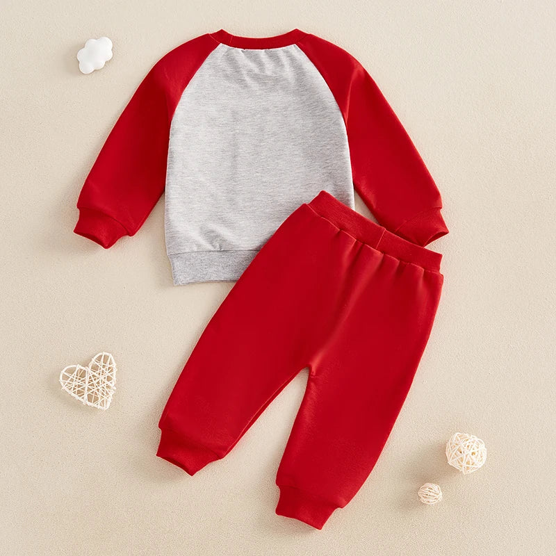 0-3Y Casual Baby Boys Valentines Day Clothes Sets Color Patchwork Letter Print Long Sleeve Sweatshirt Solid Pants