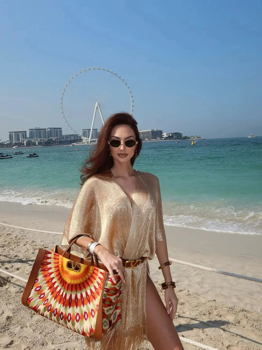 Women Swimsuit Cover Ups Shawl-Collar Caftans Beach Tunic Dress Robe Solid Tassel Pareo Beach Cover-ups