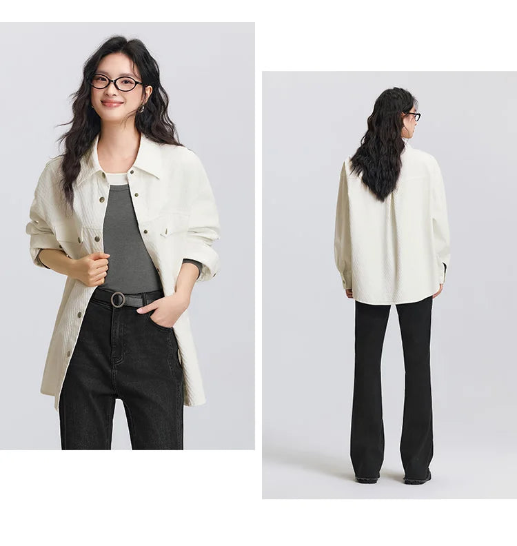 Women's Long Sleeve Diamond Pattern Cotton Shirt - Mid-Length Oversize Top