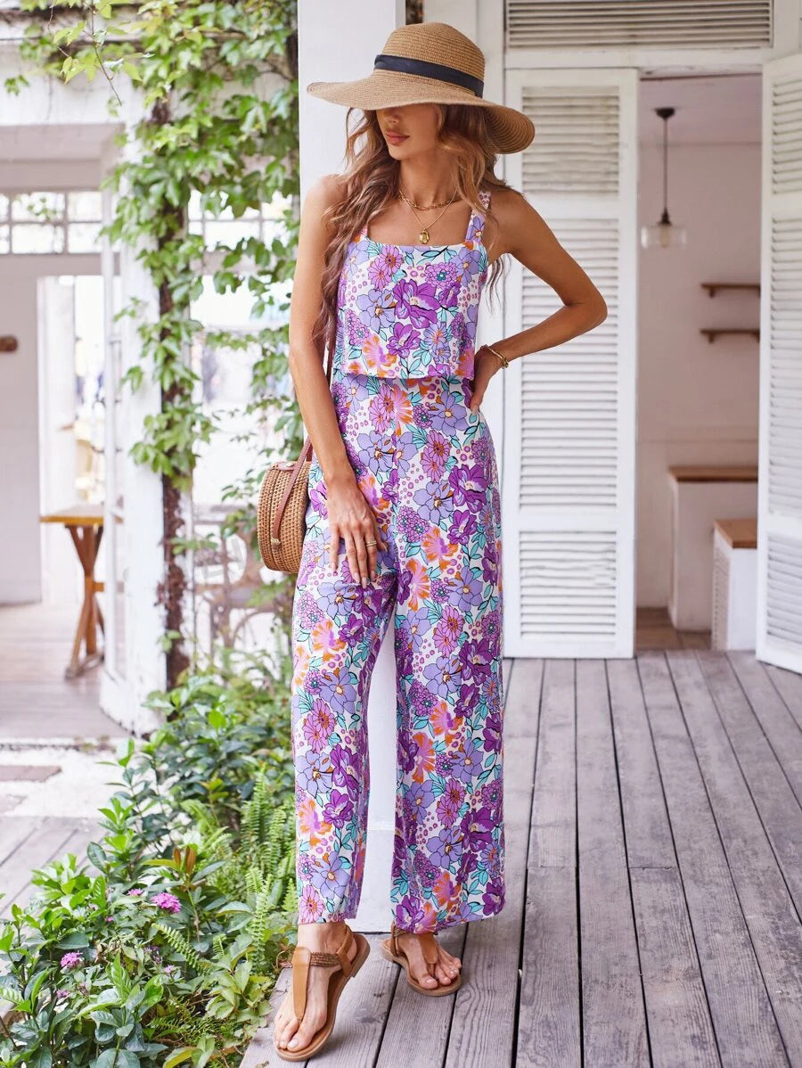 Women Elegant Long Jumpsuit - Backless Wide Leg Jumpsuits Casual Sleeveless Floral Summer Jumpsuit