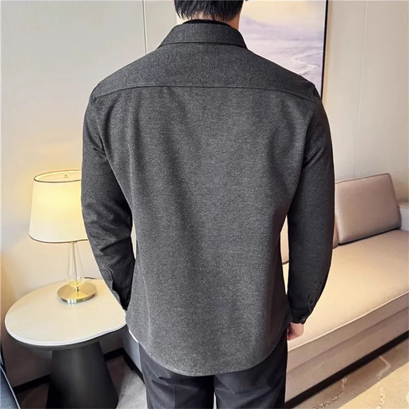 Men's Winter Thick Woolen Zipper Solid Color Turn Down Collar Warm Casual Shirt