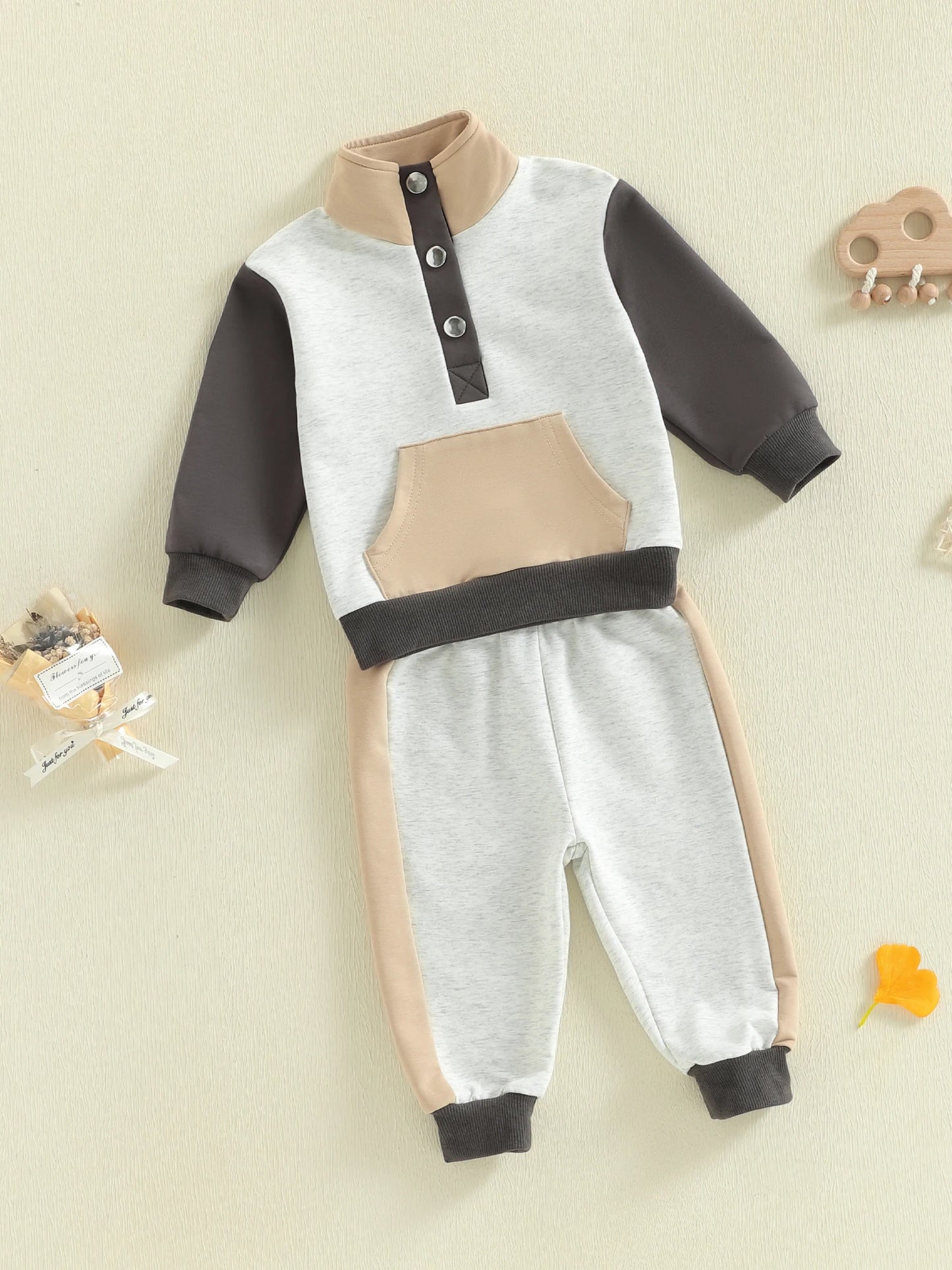 Toddler Kids Boys Girls Colour Patchwork Long Sleeve Stand Collar Pullover and Pants Set