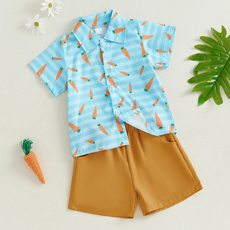 0-5Y Toddler Kids Boy's Easter Clothes Sets Rabbit/Carrot Print Short Sleeves T-Shirt and Elastic Shorts