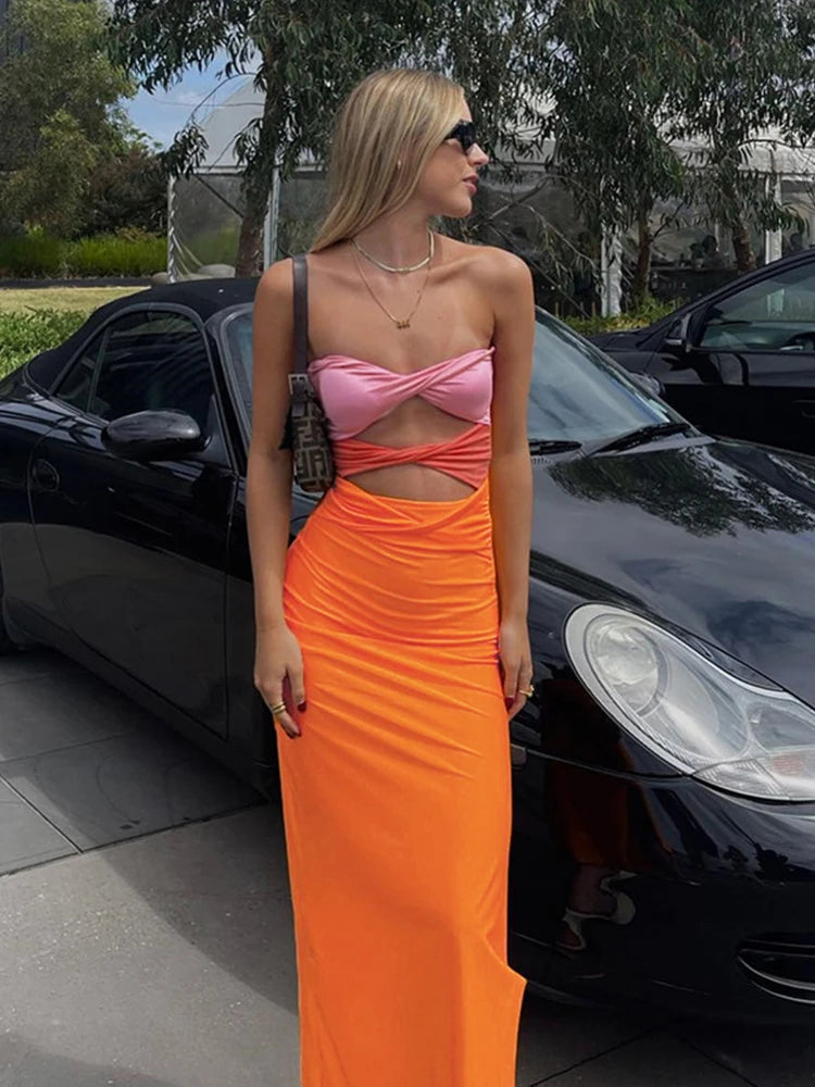 Women's Off Shoulder Sleeveless Wrap Maxi Twist Cut Out Dress