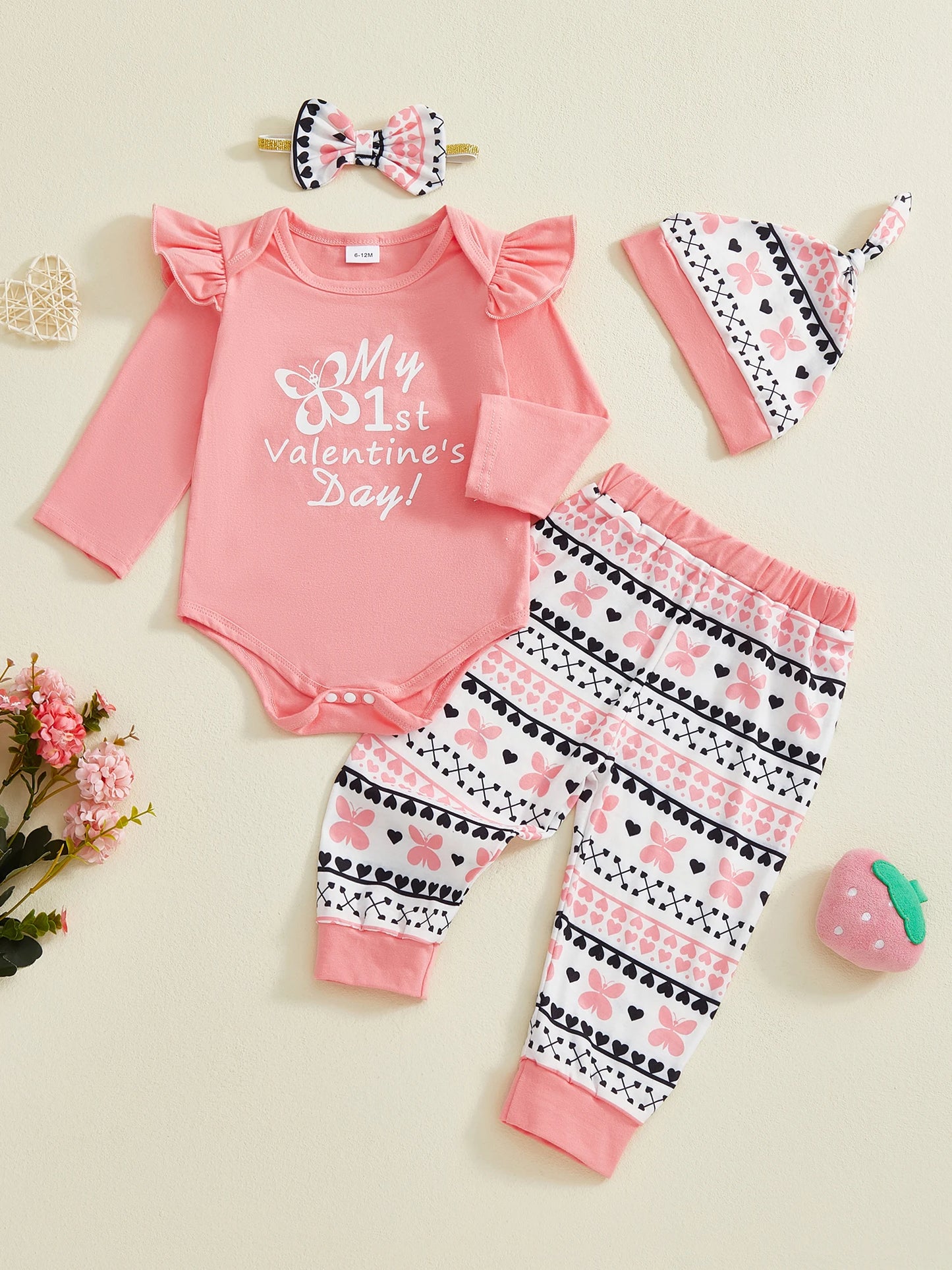 Newborn Baby Girls Boys Valentine's Day Outfit Set - Letter Print Romper with Butterfly Pants & Accessories 0-12M