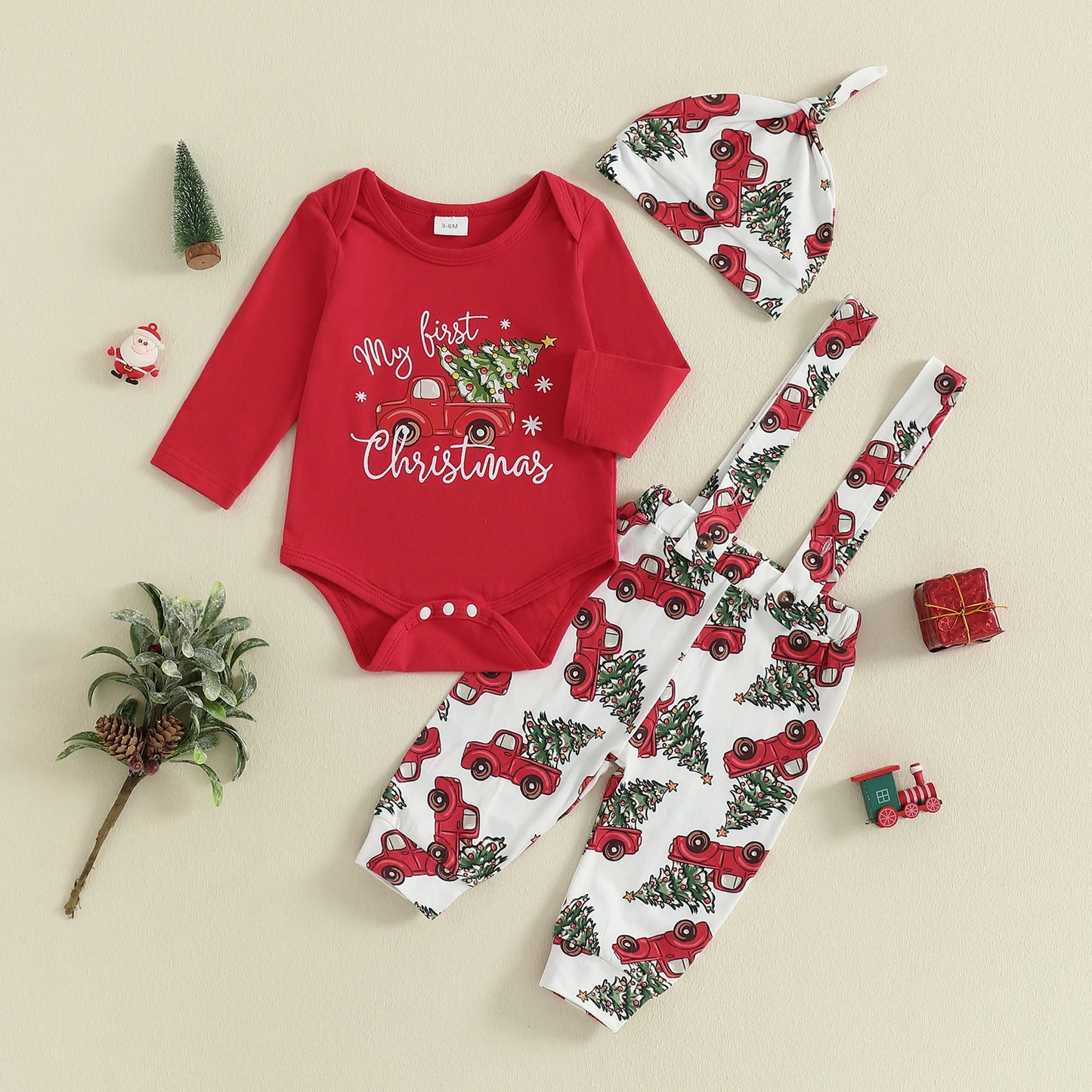 Christmas Baby Boys 3-Piece Outfit Set - Printed Romper, Overalls & Hat (0-18M)