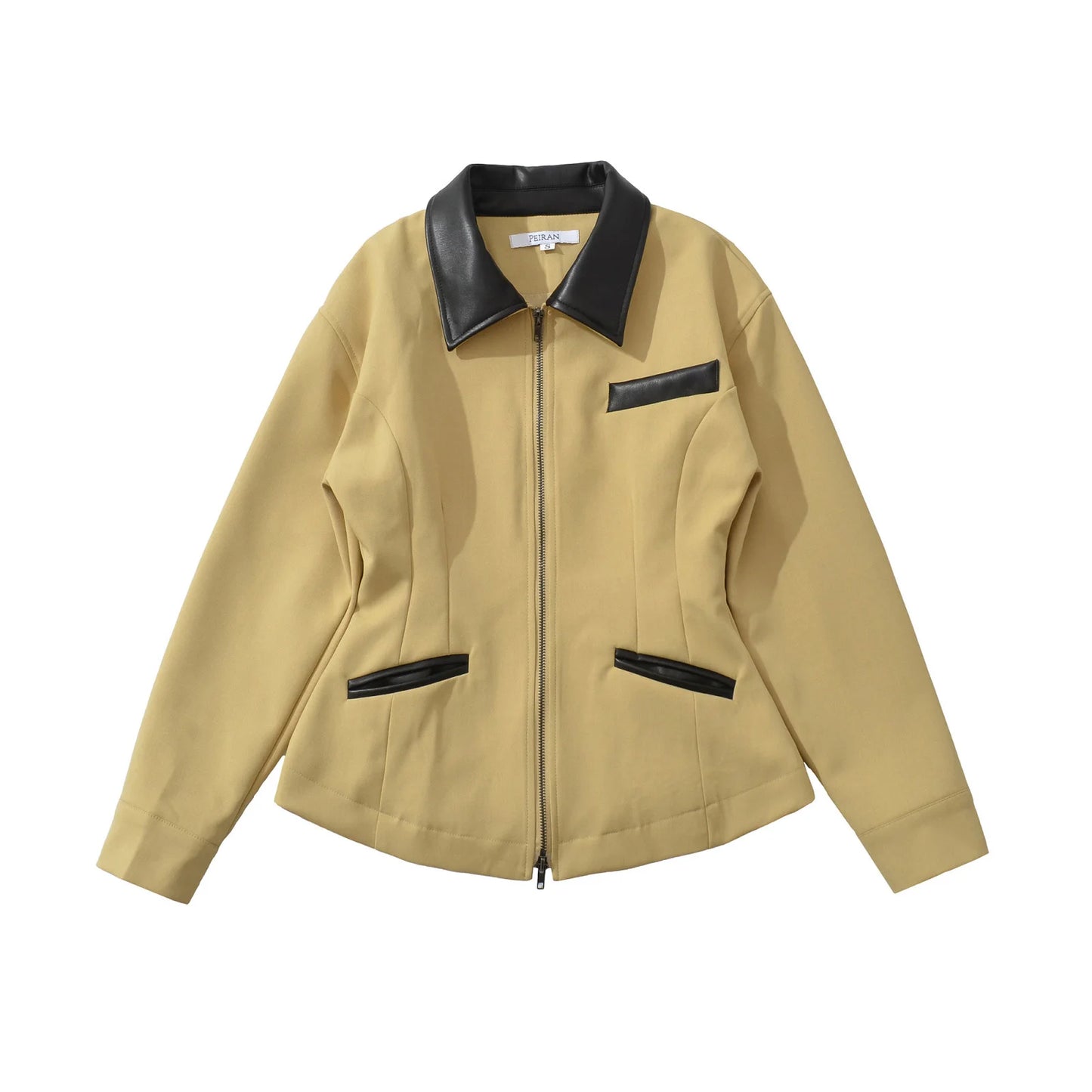 Women's Retro Faux Leather Patchwork Jacket - Slim Fit Long Sleeve Lapel Style