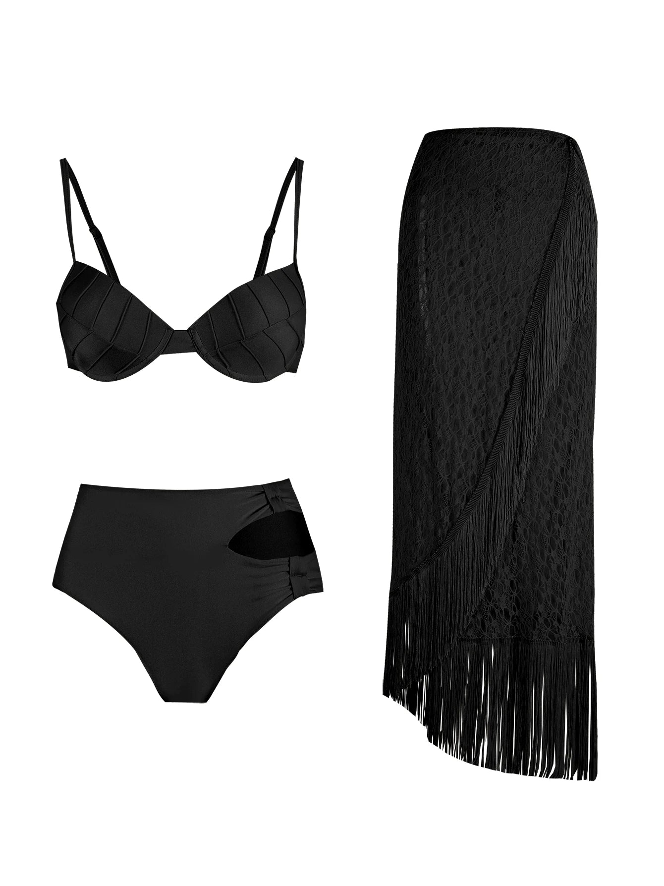 Women's 3-Piece Solid Bikini Set - Padded Bra, Tassel High Waist & Beach Skirt