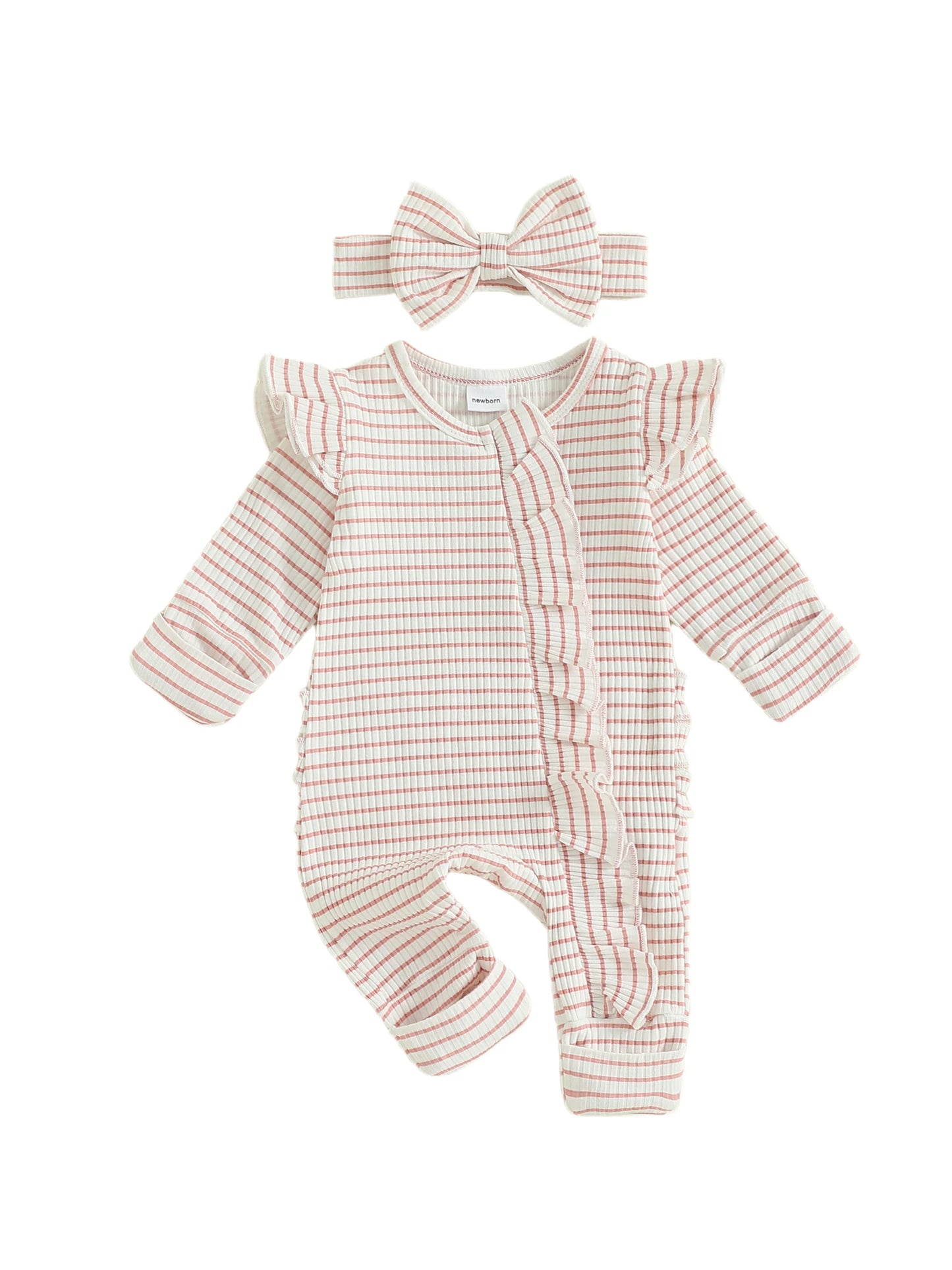 Newborn Baby 2-Piece Romper Outfit Set - Striped Jumpsuit with Headband