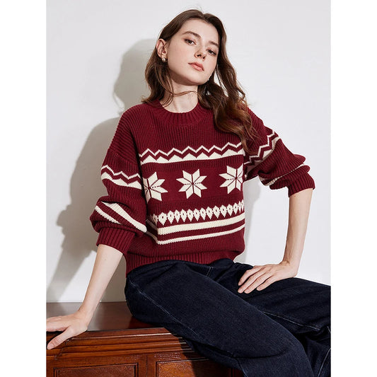 Women's Knitted Contrast Round Neck Ankora Red Knitted Sweater Top