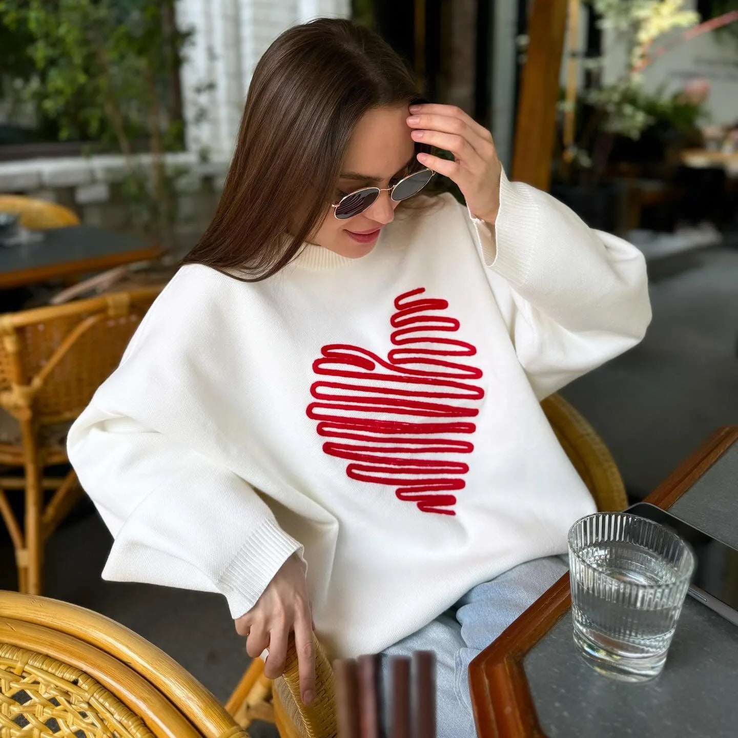 Women's Heart Knitted Loose Pullovers Long Sleeve Sweater