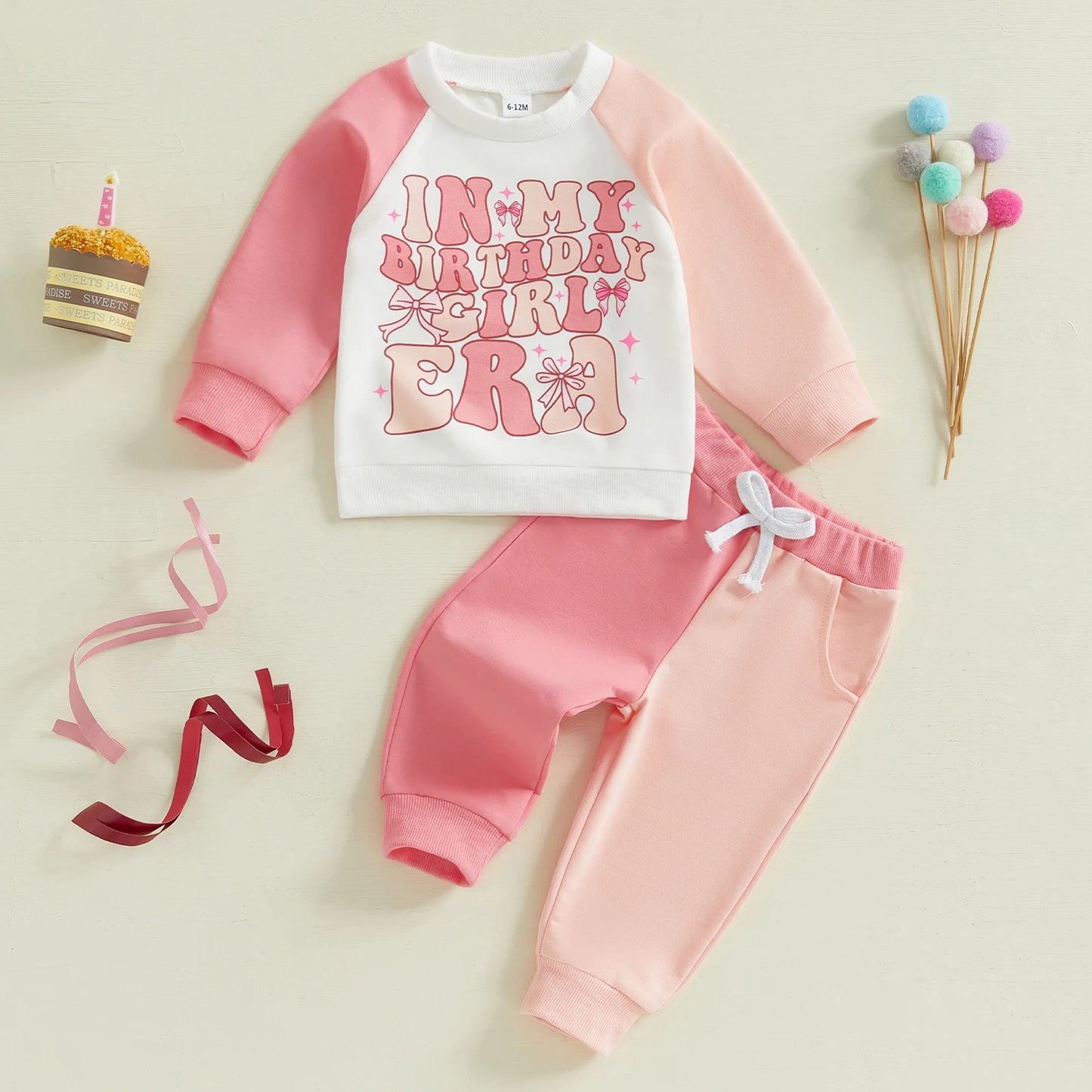 0-5Y Kids Girls Birthday Clothes Set Colour Patchwork Long Sleeve Letter Print Sweatshirt with Pants