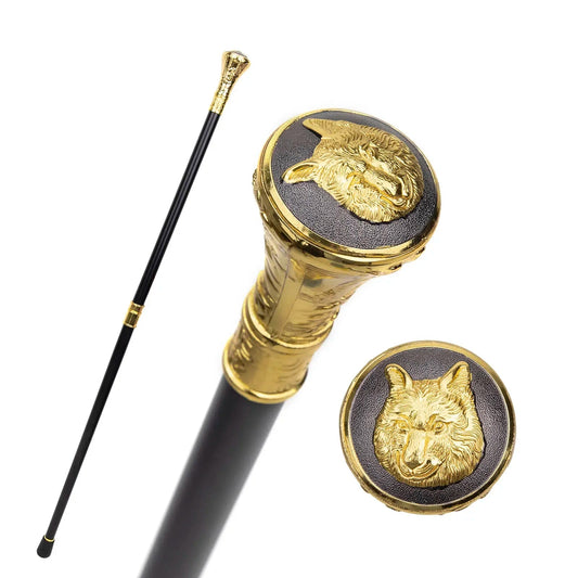 Gold Wolf Head Totem Walking Cane Fashion Decorative Walking Stick Gentleman Elegant Cosplay Knob Crosier 93cm