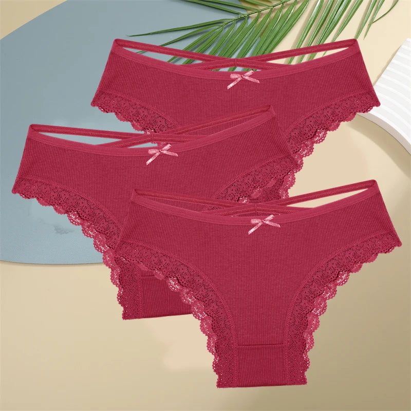 3PCS Women Cotton Underwear Panties Lace Briefs Low-Waist Cross Belt Hollow Out Cozy Lingerie