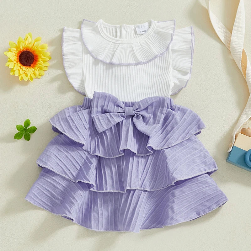0-4Y Kids Girls Summer Ruffles Fly Sleeve Doll Collar Bow Front Layered Knee Length Dress