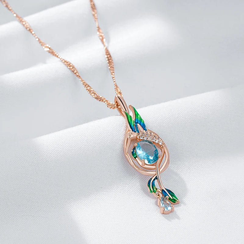 Colourful Enamel Peacock Pendant Necklace - Rose Gold Blue Zircon Jewellery