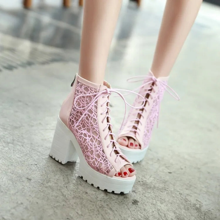 Women's Open Toe Summer Short Back Zipper Leather Mesh Hollow Cool Boots