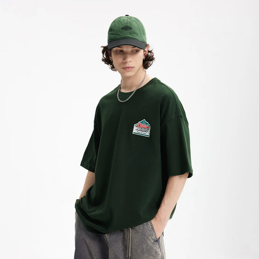 Men's Heavyweight Cotton Mountain Style Thick Print Streetwear Loose Fit Short Sleeve T-Shirt