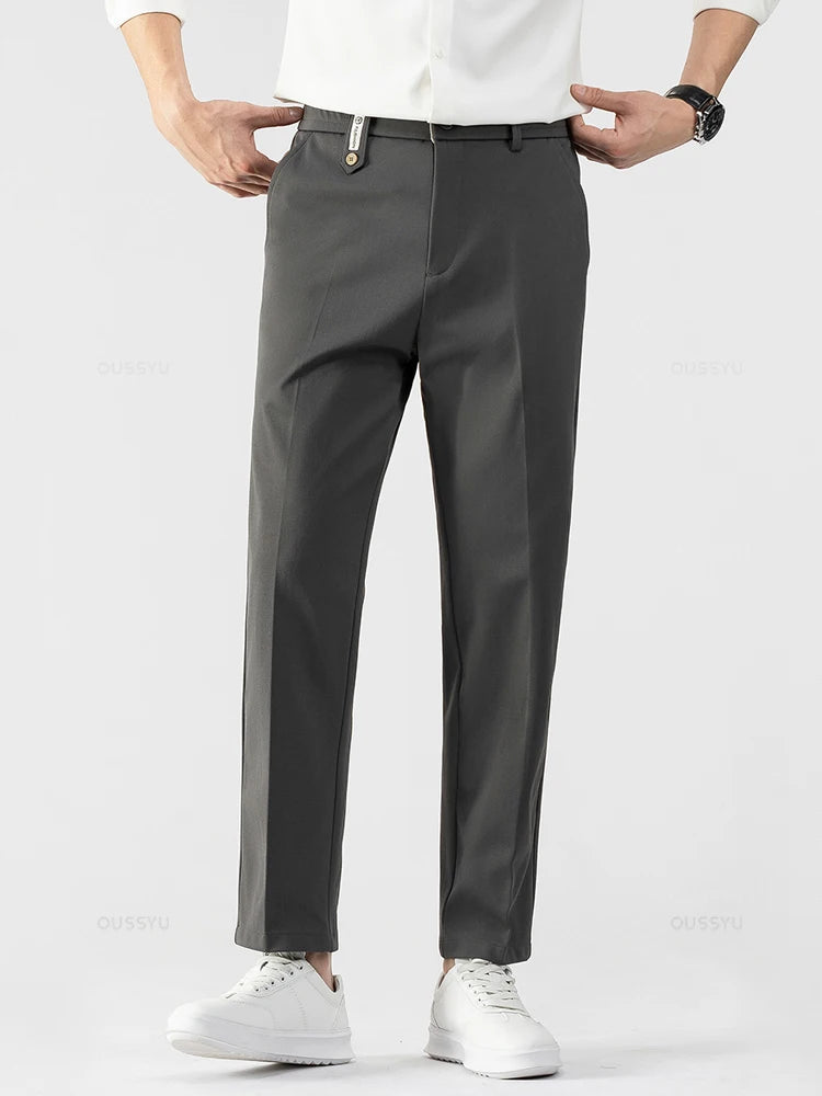 Men's Ankle-Length Straight Leg Trousers | Elastic Waist | Sash Detail | Midweight | All Season | Smart Casual