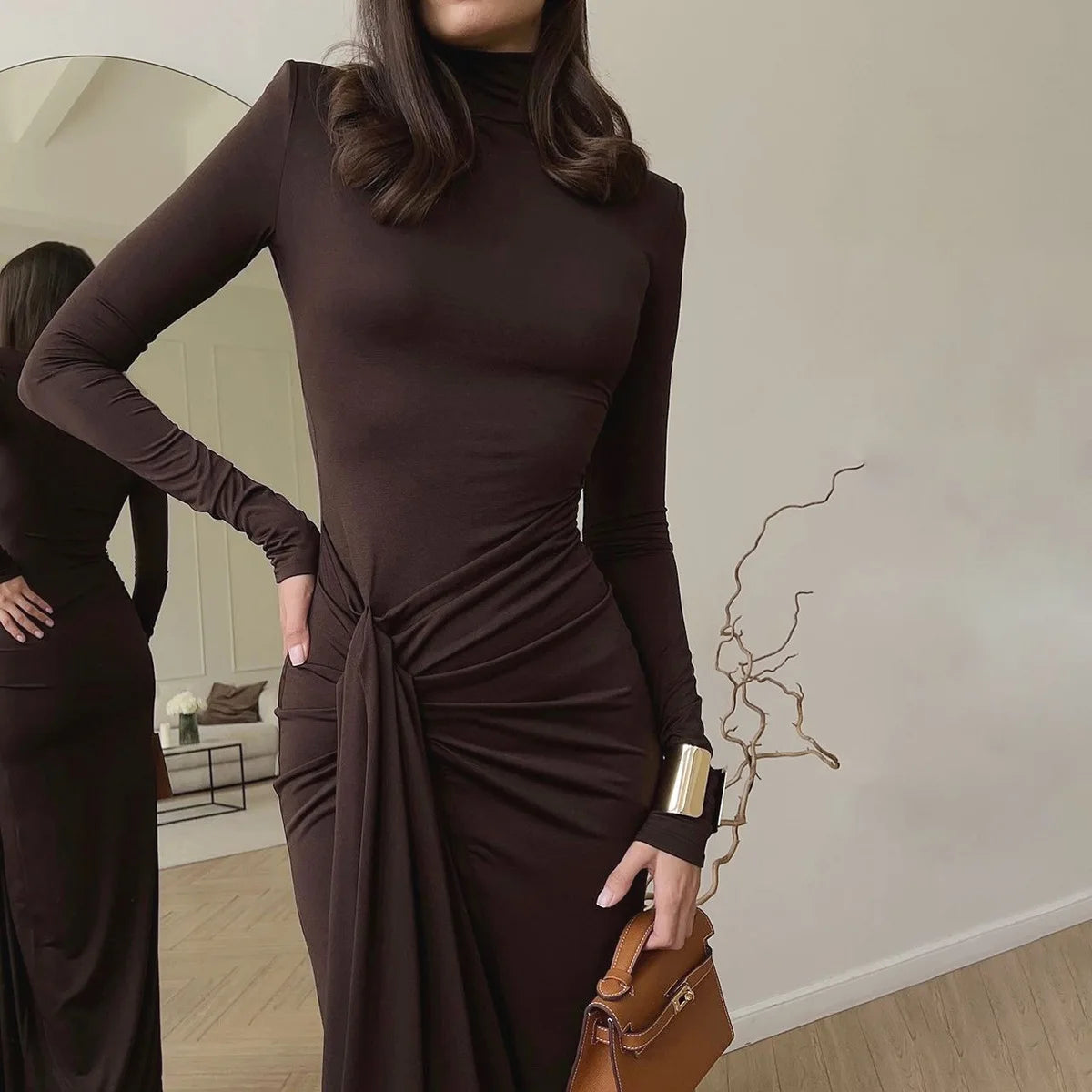 Women's Slit Long Turtleneck Bodycon Patchwork Elegant Ruched Gown Dress