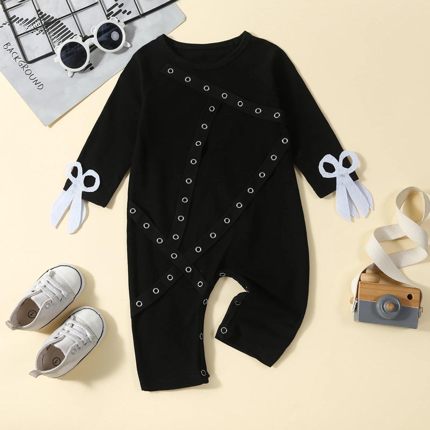 0-3Y Baby Boys Girls Jumpsuits Long Sleeve Patchwork Solid Button Romper Scissors fingers  Costume