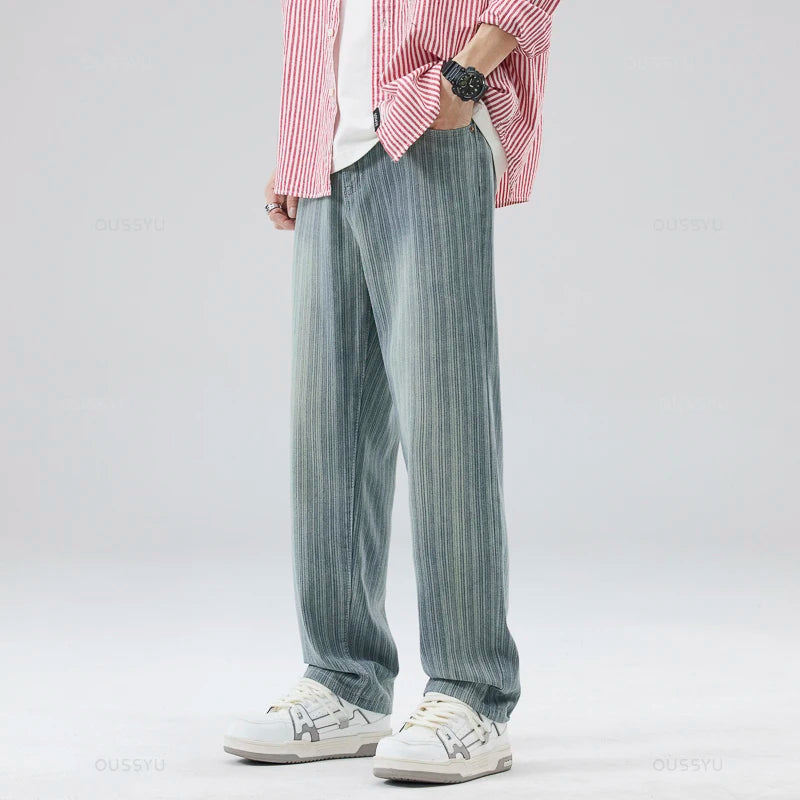 Men's Cotton Striped Straight Leg Jeans | Zipper Fly | Moustache Effect Wash | Midweight | Spring Summer | High Street
