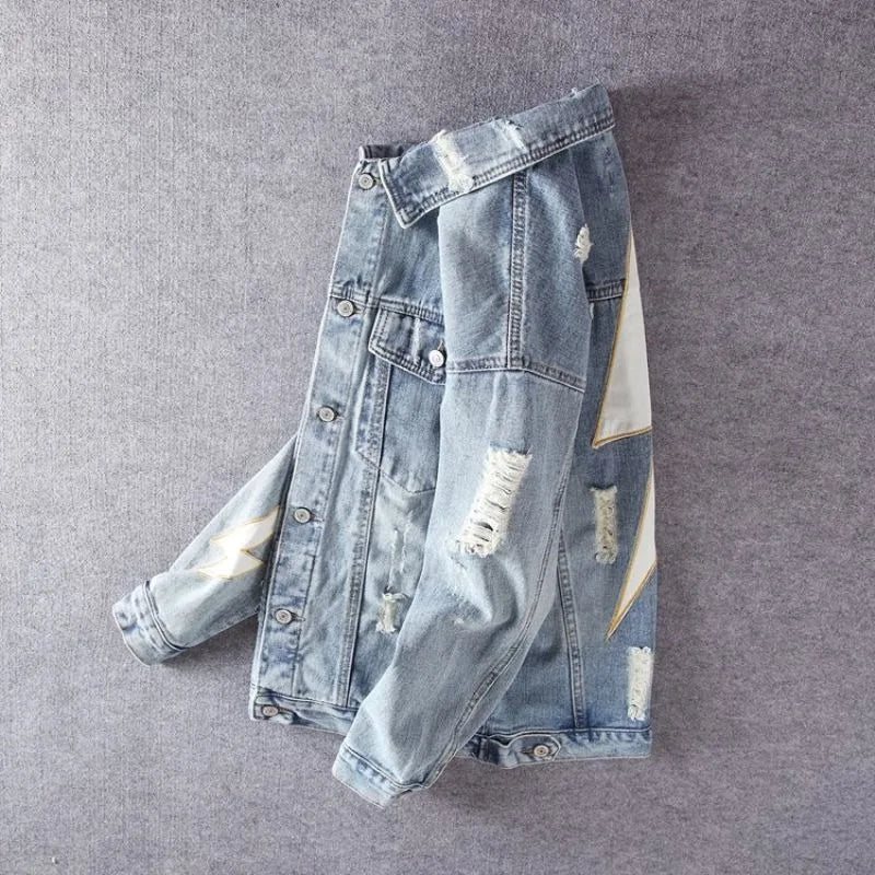 Men's Embroidered Denim Jacket - Retro Ripped Street Style