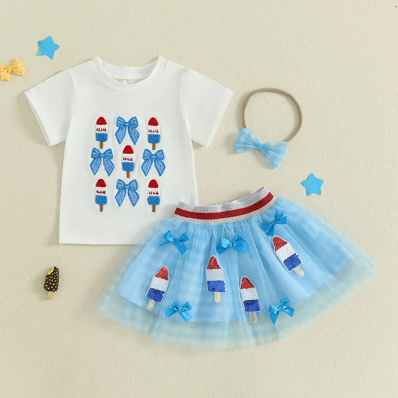 0-6Y Kids Girls American Flag Clothes Sets Bow Embroidery Short Sleeve T Shirt Mesh Lace Skirt Headband