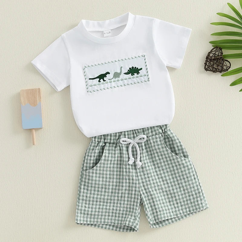 Dinosaur Embroidered T-Shirt & Plaid Shorts Set - Toddler Boys (0-4Y)