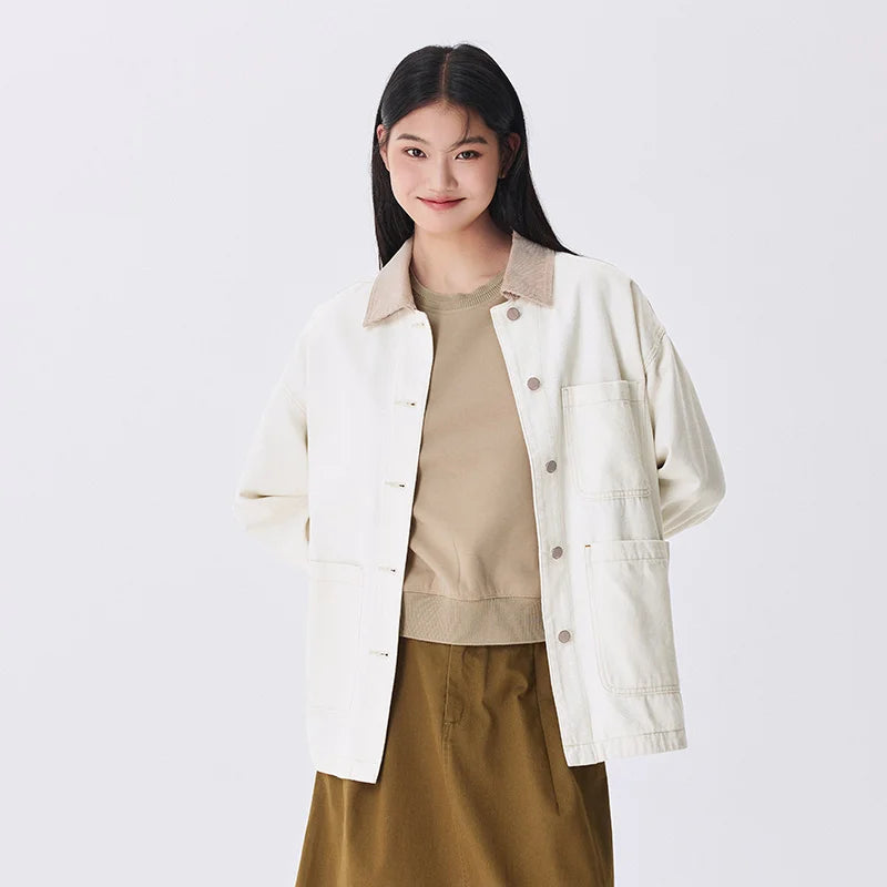 Corduroy Denim Jacket - Women's Turn Collar Loose Casual Coat