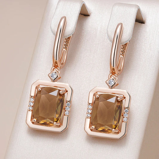 Women's Square 585 Rose Gold Colour Light Brown Natural Zircon Drop Earrings