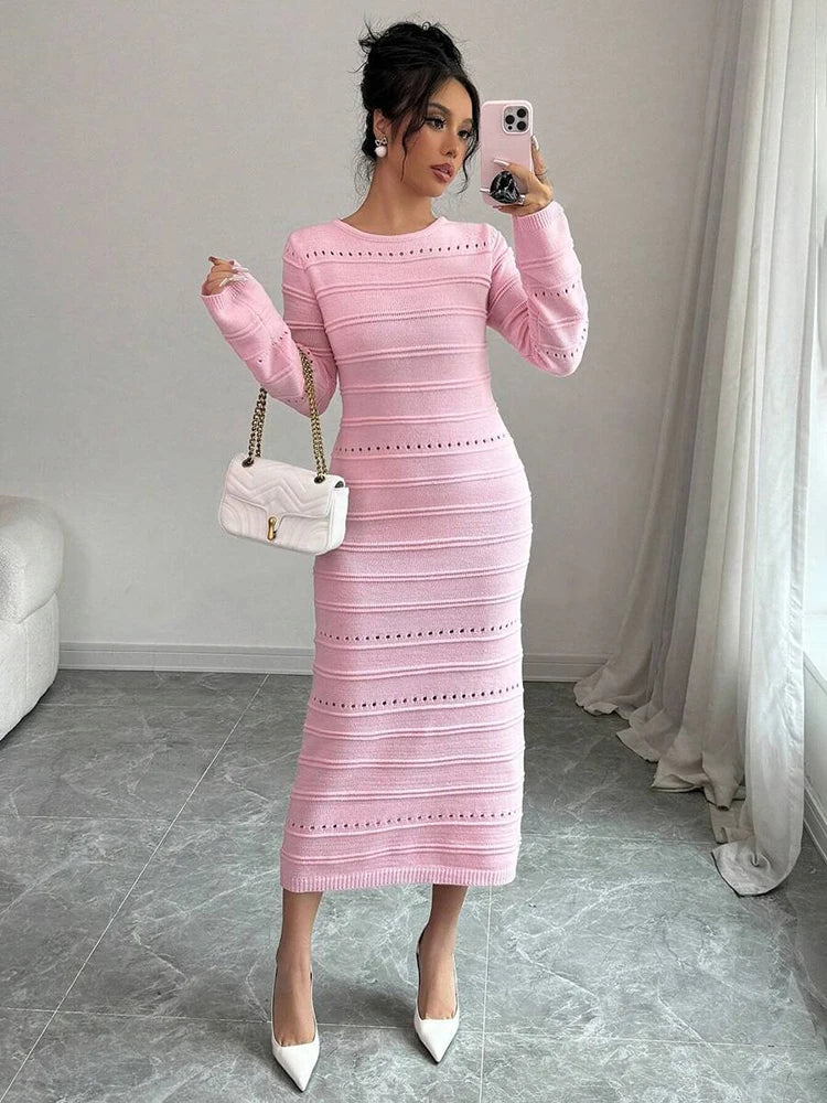 Women's Striped Hollow Two-Wear Knitted Long Dress  Sweater Dress