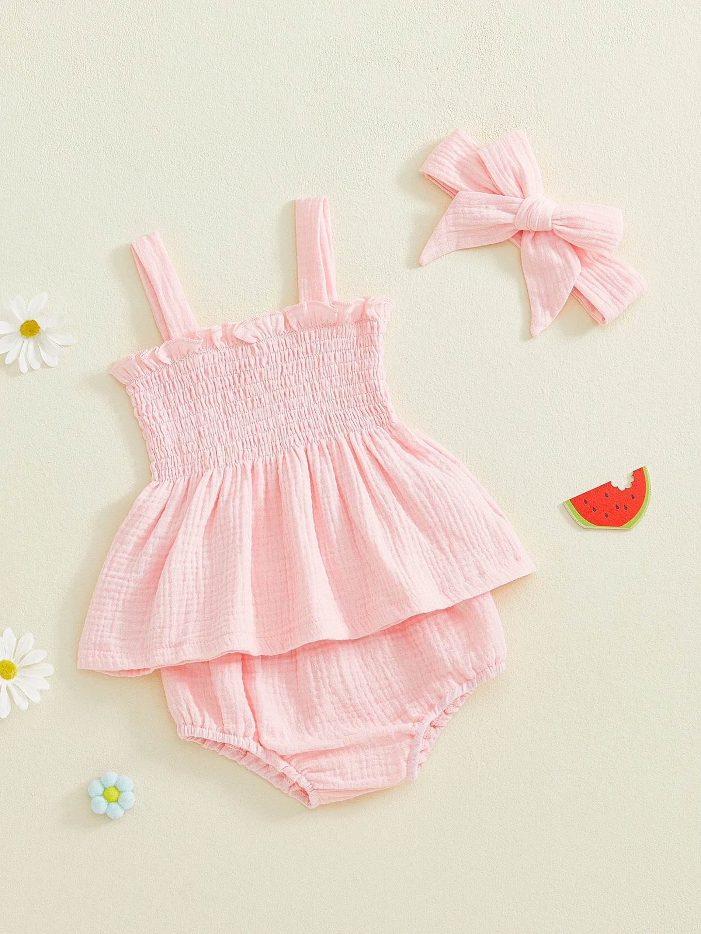 Baby Girls Summer Outfit Set - Ruffled Smocked Top, Shorts & Headband (0-24M)
