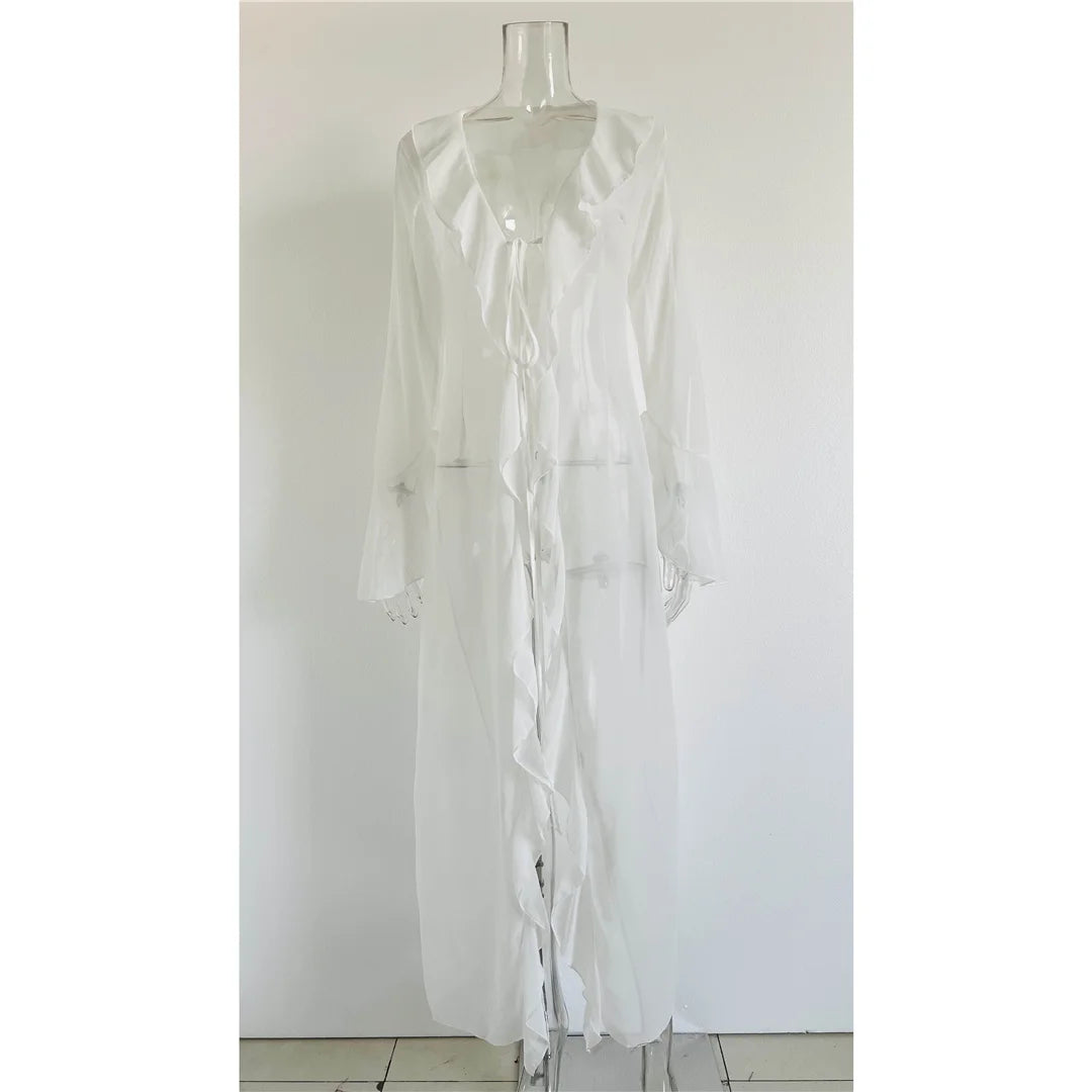 V Neck Ruffled Long Sleeve Chiffon Beach Cover Up Dress