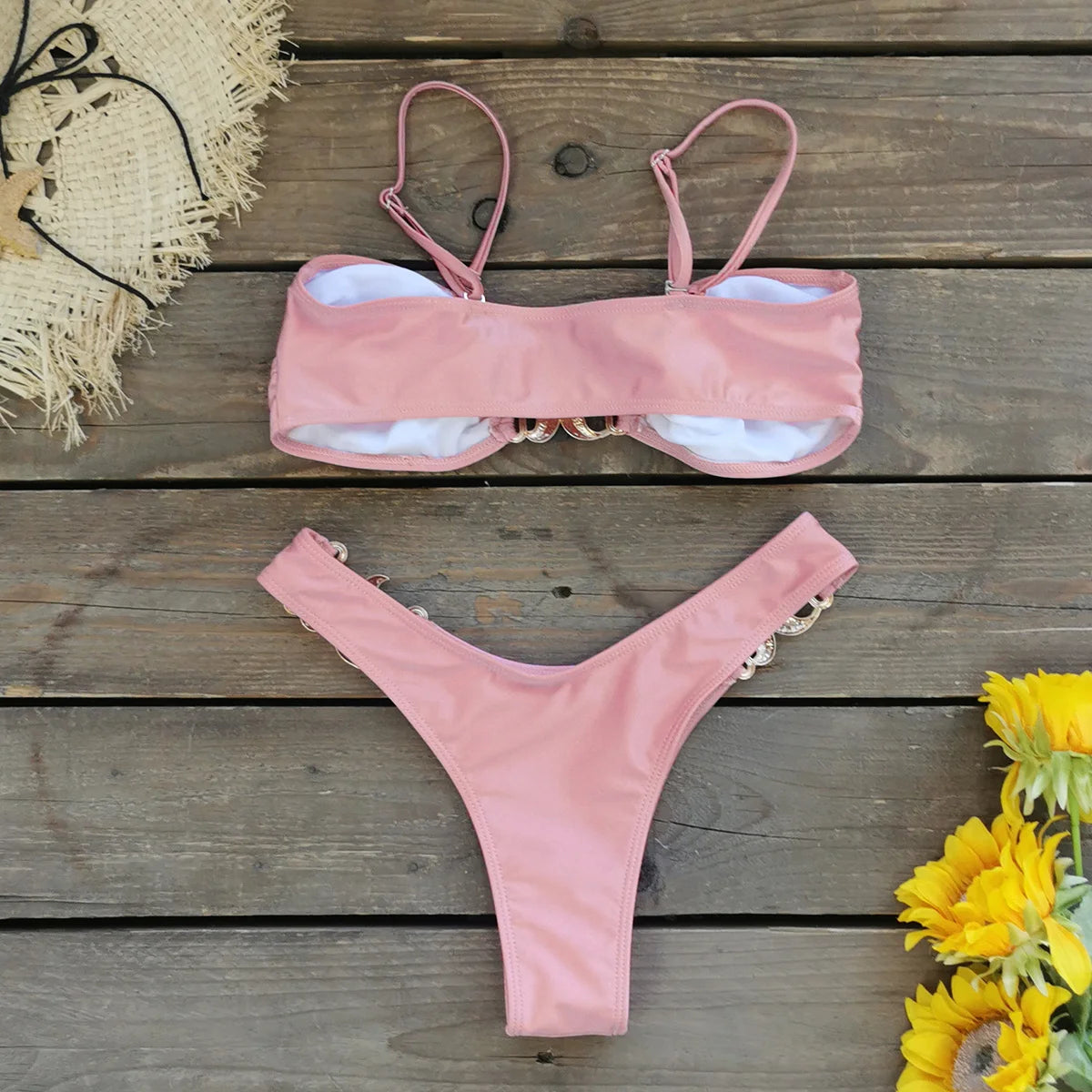 Women's Gold Ring Bikini Swimwear Halter Tie Knot Two-Piece Bikini Set