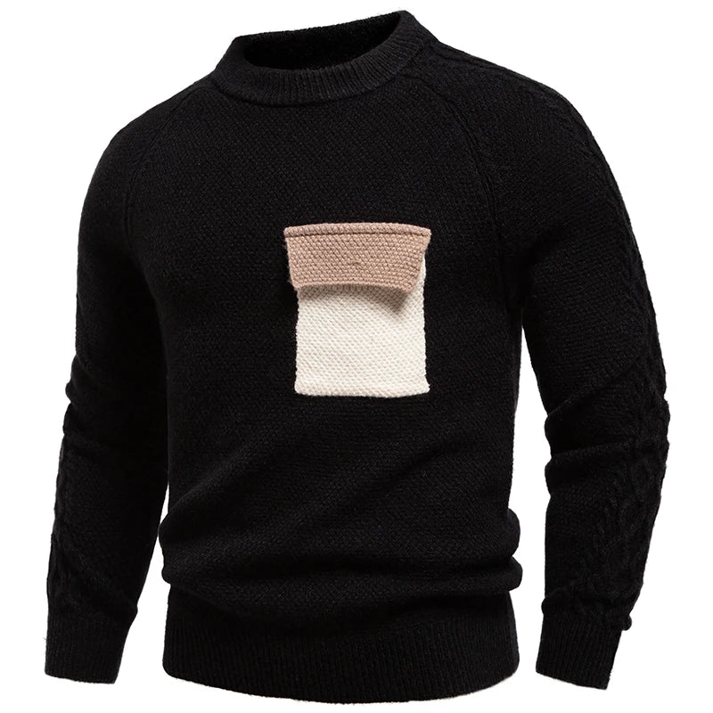 Round Neck Patchwork Pocket Knit Pullover