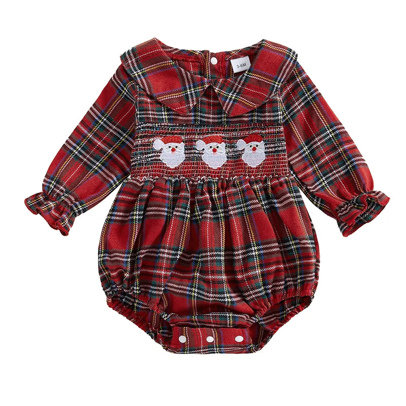 Christmas Santa Embroidery Peter Pan Collar Romper - Baby Girls Plaid Jumpsuit