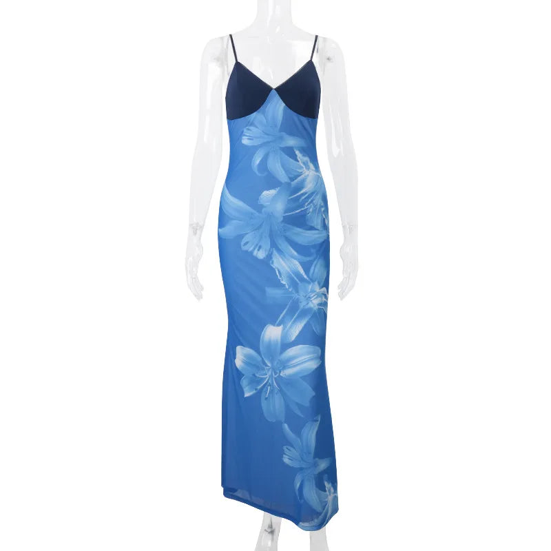 Women's Floral Print Backless Maxi Dress - Summer Slip Bodycon Long Party Dress