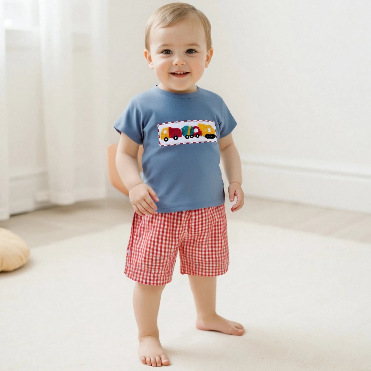 0-4Y Toddler Kids Boys Summer Clothes Sets Car Embroidery Short Sleeve Round Neck T-Shirts Plaid Elastic Waist Shorts